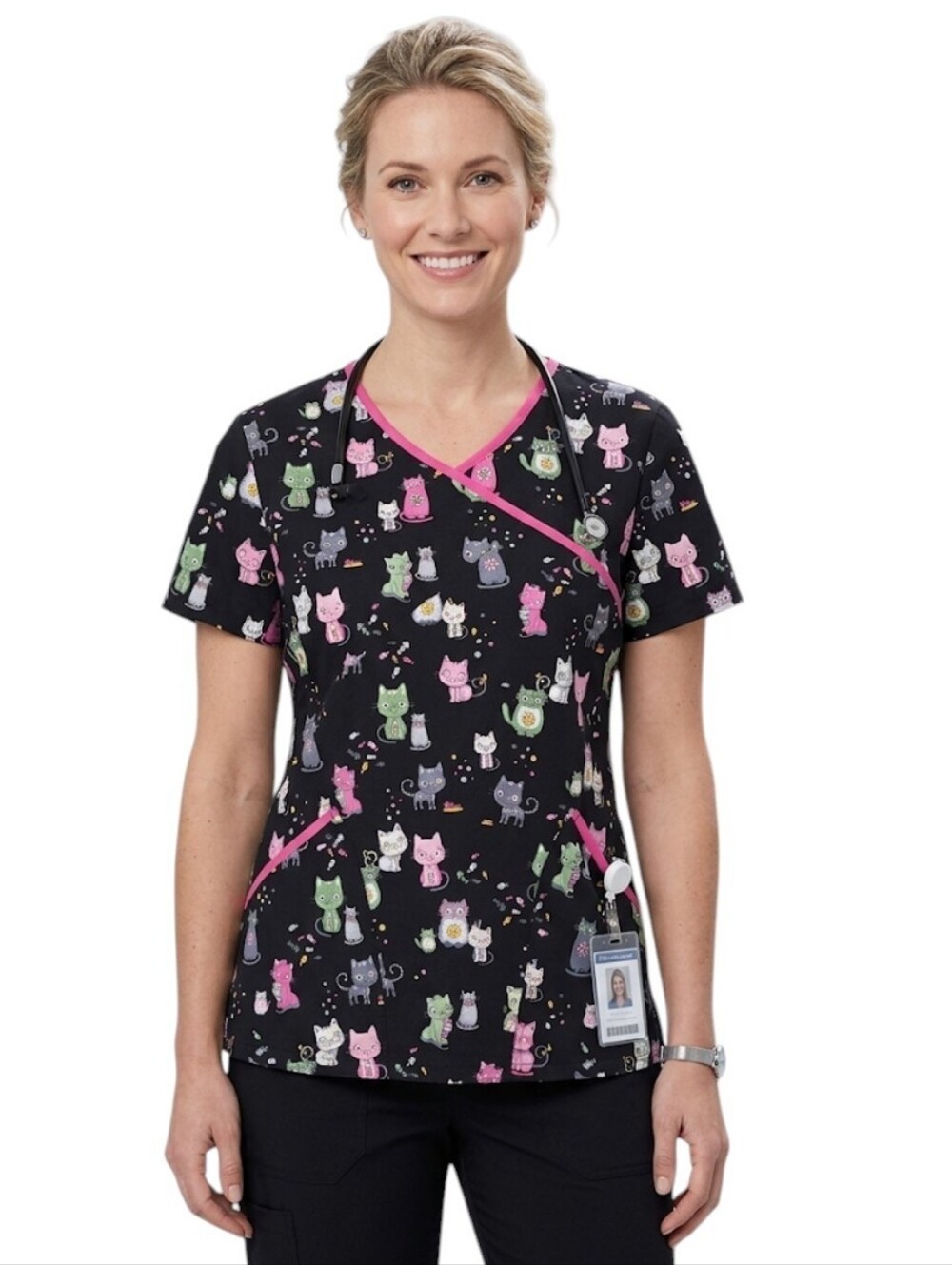 ScrubStar Scrub Top with Colorful Cat Print and Pink Trim